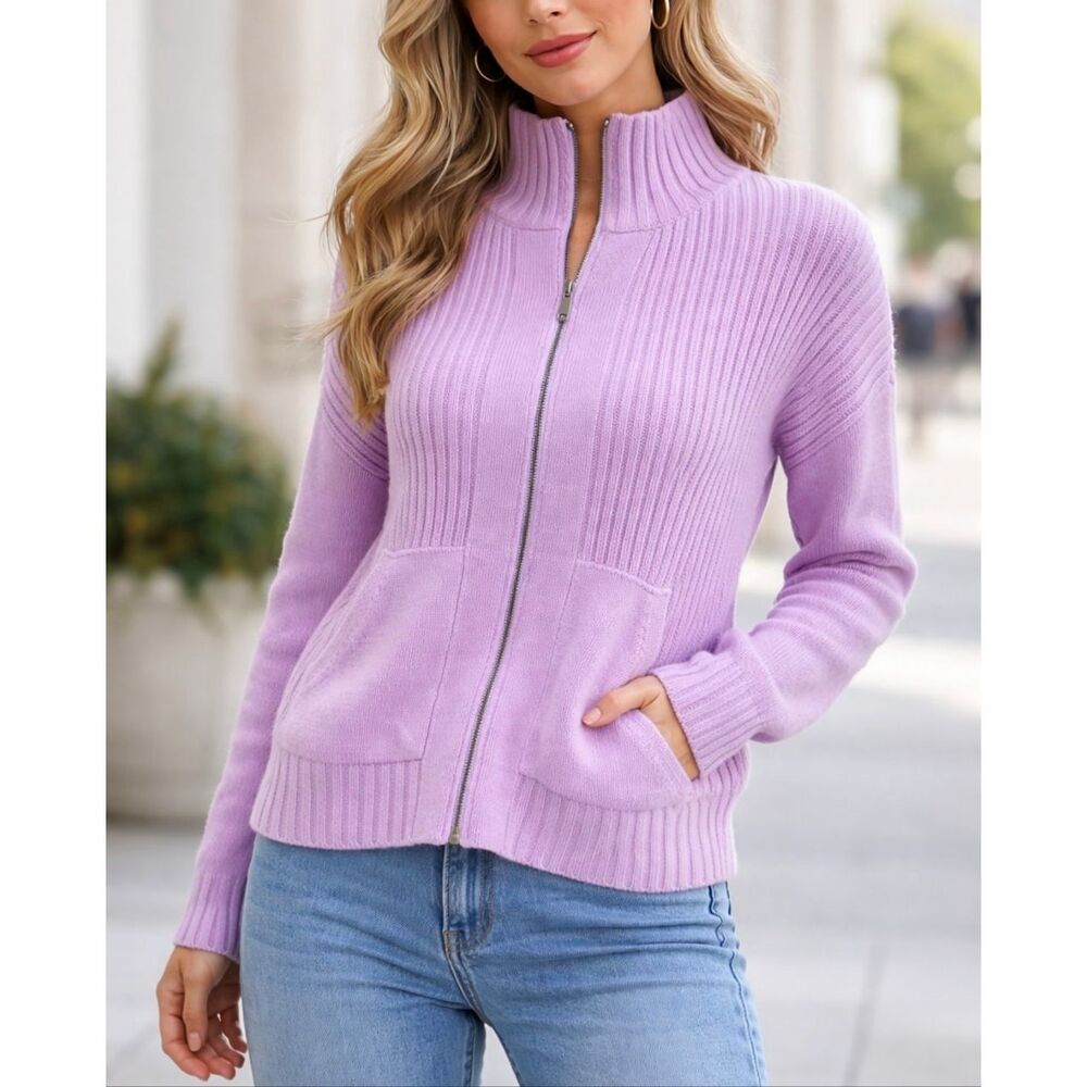 Diane Snyder Cashmere Zip Cardigan Lilac Ribbed Mock Neck Sweater NWT XL